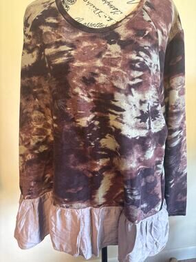 LOGO Lounge Maroon Camo Pattern Ruffle Waist Top XL